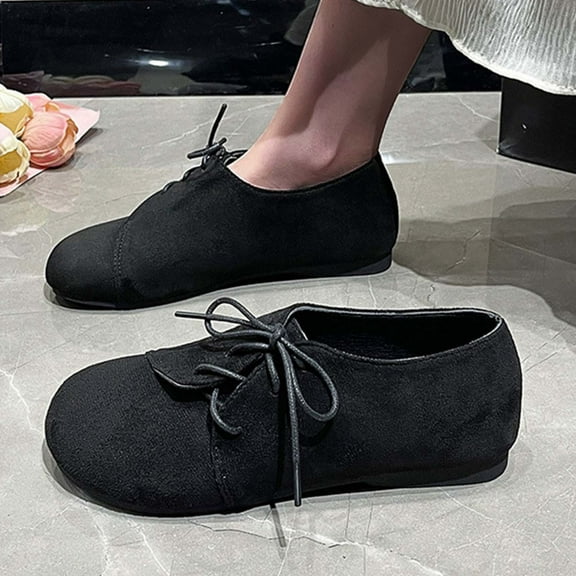 HaiMao Womens Wide Width Flat Shoes Casual Round Toe Lace-Up Comfort Flats Suede Classic Spring Summer Shoes Black 9.5(43)