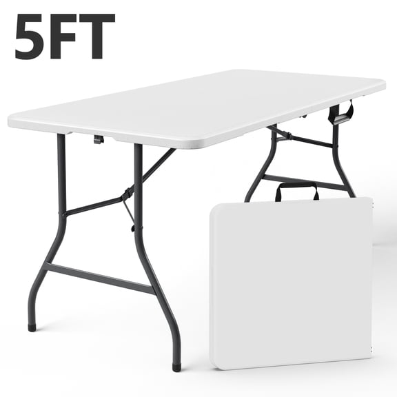 HaiNova 5ft Folding Table, Portable Heavy Duty Picnic Table with Handle, Durable, Suitable for Dinner, Wedding, Camping, Party, White.