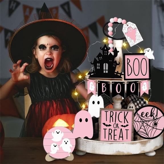 HaiSphere 13 Pcs Cute Pink Ghost Halloween Tiered Tray Decor Set, BOO Banner Trick or Treat Wooden Sign Ornaments for Home Kitchen Table Indoor Halloween Party Decoration