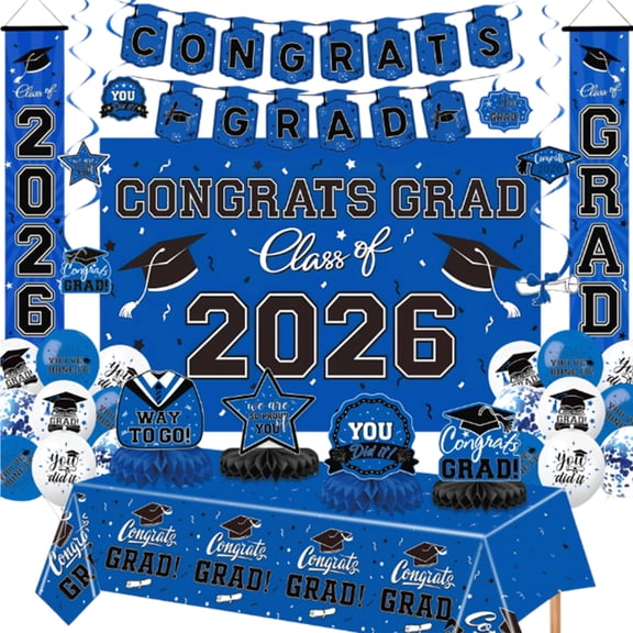 HaiSphere 2026 Graduation Decorations Kit, 48 Pcs Green Theme Set with Banner Balloons Tablecloth Honeycomb Centerpieces for High School College Graduation Gifts,Blue