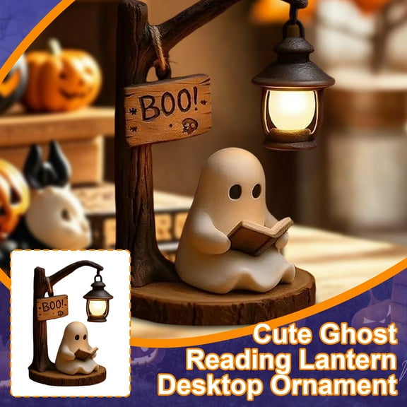 HaiSphere Cute Ghost Reading Night Light, Retro Hanging Street Lamp Halloween Desktop Ornament, Resin Boo Sign Spooky Ghost Figurine Table Decor for Home Bedroom Office Halloween Party Decoration,A