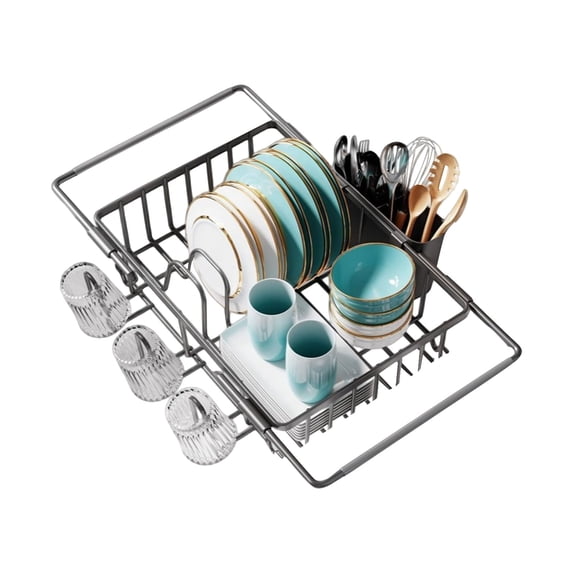 HaiSphere Expandable Dish Drying Rack for Kitchen Sink, Stainless Steel Dish Drainer for Plates, Bowls, and Utensils, Space-Saving Sink Organizer for Kitchen Use,Silver