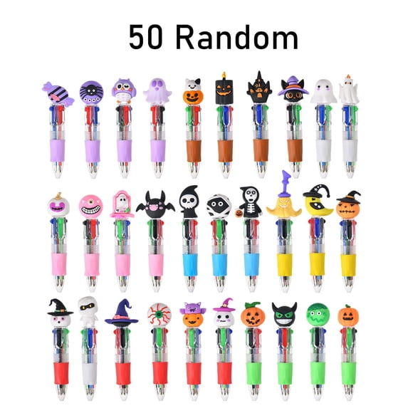HaiSphere Halloween 4-in-1 Retractable Ballpoint Pens, Assorted Cute Cartoon Halloween Character Toppers, Multi-function Pens for Party Favors, Classroom Reward and Office Stationery,F-50PCS