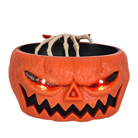 HaiSphere Halloween Animated Skeleton Candy Bowl, Motion Activated Light Up Red Eyes with Wiggling Movable Skeleton Hand, Spooky Halloween Party Decor for Trick or Treat Candy Serving,Orange