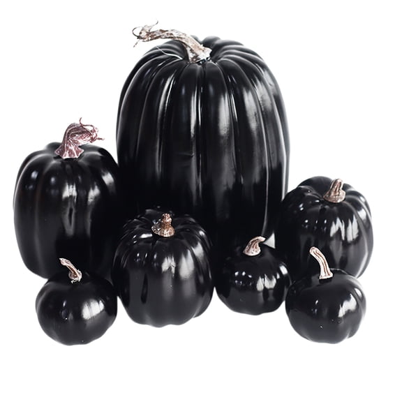 HaiSphere Halloween Artificial Faux Pumpkins, Set of 7 Foam Simulation Pumpkins for Fall Harvest Thanksgiving Halloween Tabletop Home Party Decorations,Black