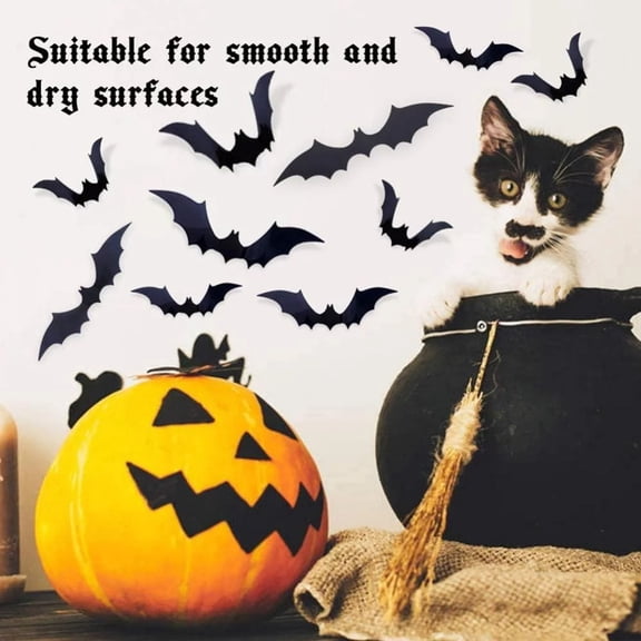 HaiSphere Halloween Bats Decorations, Realistic Black 3D Style Bat Wall Stickers, 4 Assorted Sizes Scary DIY Decals for Home Window Door Indoor Outdoor Halloween Party Supplies,44PCS