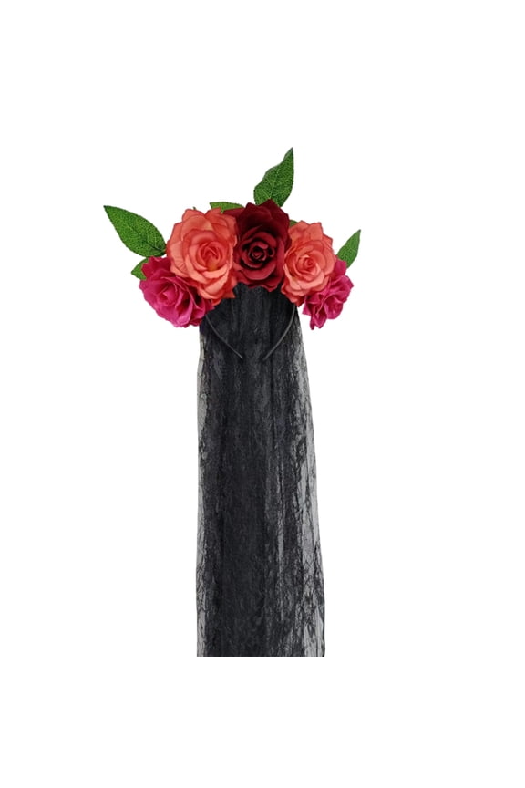 Halloween Faux Rose Flower Headband, Black Lace Veil Headpiece Costume Accessory for Halloween Party, Day of The Dead Cosplay, Gothic Bride Themed Event,F