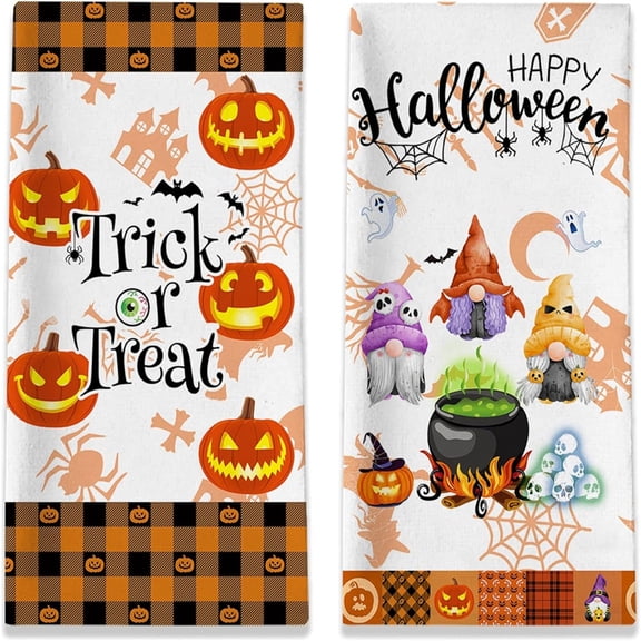 HaiSphere Halloween Microfiber Kitchen Towels 2 Pack, Cute Boo Ghost Black Cat Pumpkin Print & Classic Plaid Absorbent Dish Hand Towels for Halloween Holiday Home Kitchen Decor,B
