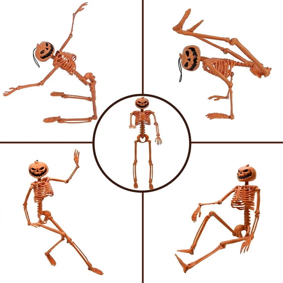 HaiSphere Halloween Pumpkin Head Skeleton, 15.7 Inch Posable Full Body Plastic Skeleton Figure for Halloween Party Haunted House Indoor Outdoor Spooky Holiday Decoration,Orange