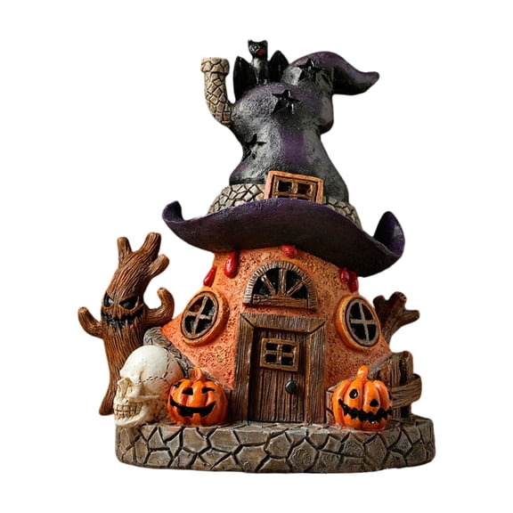 HaiSphere Halloween Resin Witch Hat Haunted House Figurine, Spooky Decor Ornament with Jack-O'-Lanterns, Skull, Creepy Tree and Bat, Ideal for Indoor Halloween Party Tabletop Home Decoration,A