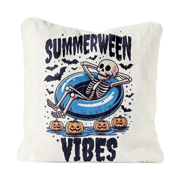 HaiSphere Halloween Short Plush Summerween Vibes Printed Throw Pillow, Spooky Skeleton Decorative Cushion for Chair, Sofa, Bedroom, Living Room Home Holiday Party Decoration,A