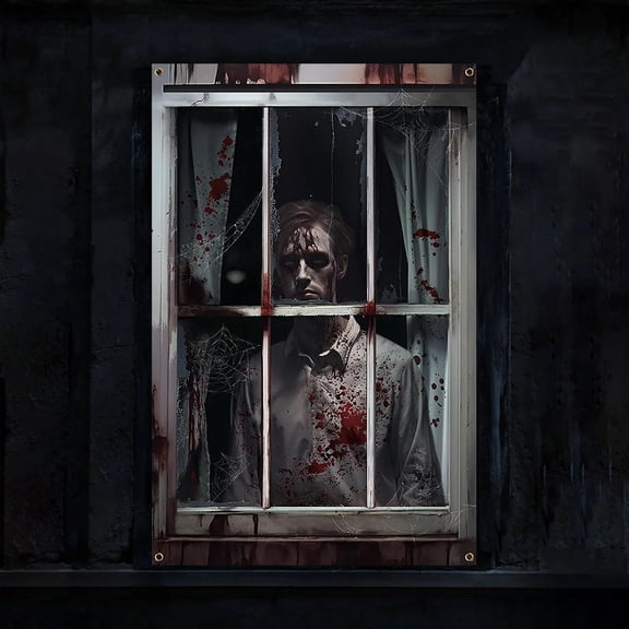 HaiSphere Halloween Spooky Zombie Window Banner, Scary Bloody Cobweb Halloween Window Backdrop Curtain for Haunted House Party Indoor Bedroom Wall Yard Halloween Decor,A