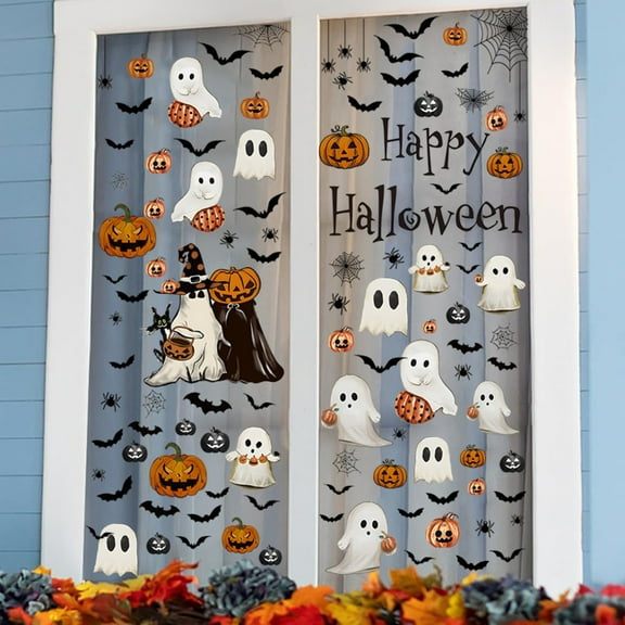HaiSphere Halloween Static Window Clings, PVC Removable Pumpkin Ghost Bat Spider Web Decor Stickers for Glass Window Living Room Indoor Halloween Party Decorations,