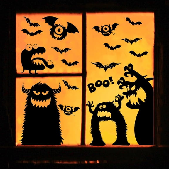 HaiSphere Halloween Window Clings, PVC Static Silhouette Decals with Spooky Monster Bat Boo Pattern, Reusable Non-Adhesive Glass Stickers for Indoor Halloween Home Party Decor,B