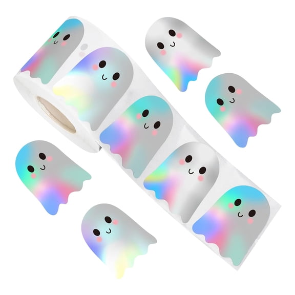 HaiSphere Holographic Glitter Halloween Pumpkin Stickers Roll, 500 Counts Self Adhesive Jack-o'-Lantern Label Stickers for Holiday Party Decor, Trick or Treat Bags, Scrapbooking,B