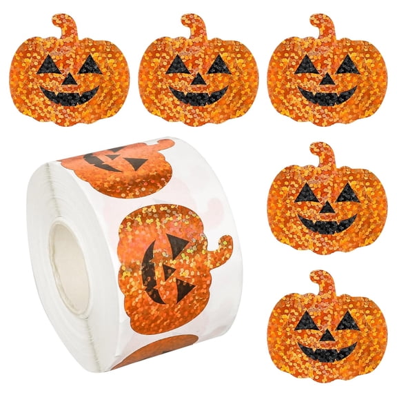 HaiSphere Holographic Glitter Halloween Pumpkin Stickers Roll, 500 Counts Self Adhesive Jack-o'-Lantern Label Stickers for Holiday Party Decor, Trick or Treat Bags, Scrapbooking,A
