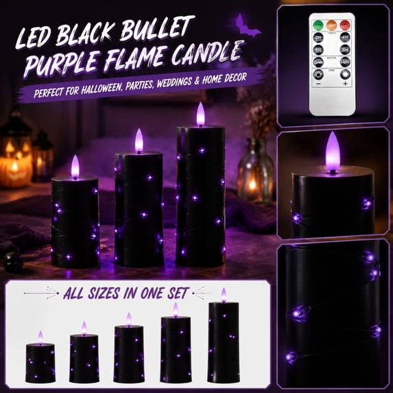 HaiSphere Purple Flameless Candle in Black Bullet Shape - Halloween Lamp for Bar Wedding Table, Essential Halloween Decorations and Halloween Party Decorations,A