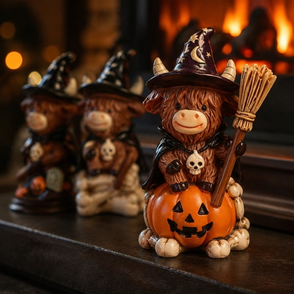 HaiSphere Resin Witch Cow Halloween Decorations Indoor - Gothic Witch Decor Figurine with Highland Cow Statue, Vintage Halloween Decor for Office Desk Bookshelf Display Stand,B
