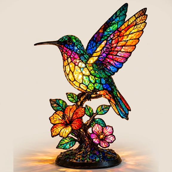 HaiSphere Stained Glass Hummingbird Lamp - Tiffany Style Small Night Light with Floral Bird Design, Resin Base Accent Table Lamp for Cozy Indoor Home Decor Display