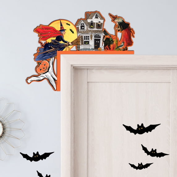 HaiSphere Vintage Halloween Wooden Door Corner Decoration, Retro Witch Haunted House Pumpkin Black Cat Print Door Frame Ornament for Indoor Home Halloween Party Spooky Holiday Decor,B