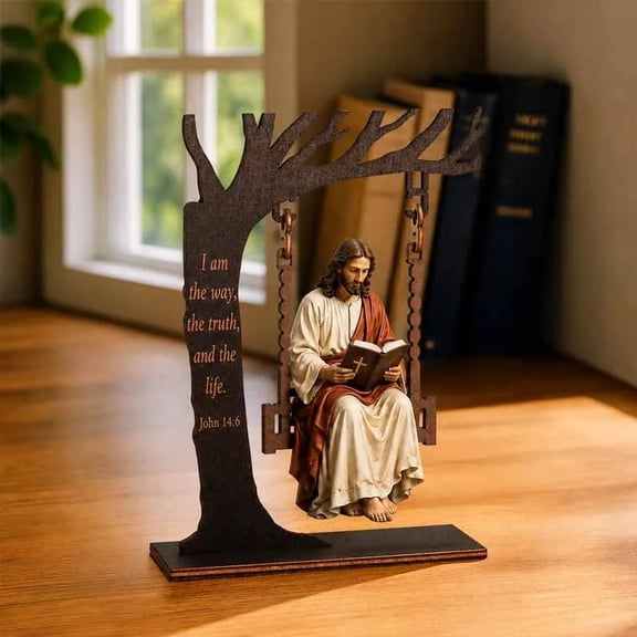 HaiSphere Wood Swing Jesus Statue - Religious Tabletop Figurine with Tree Stand and Inspirational Verse, Desk Accent Sculpture for Office Shelf Home,Multicolor