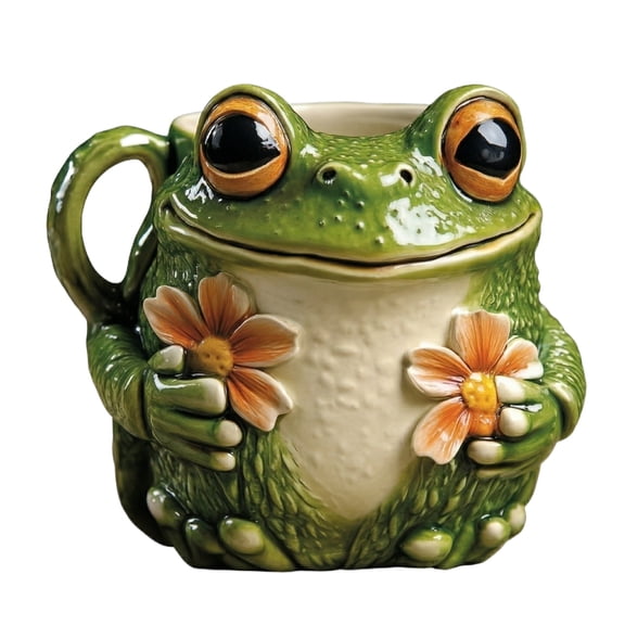 Haiamaoyi Ceramic Frog Shaped Mug with 3D Embossed Animal Design and Flower Detailing Large Capacity Coffee Tea Cup for Home Office Use