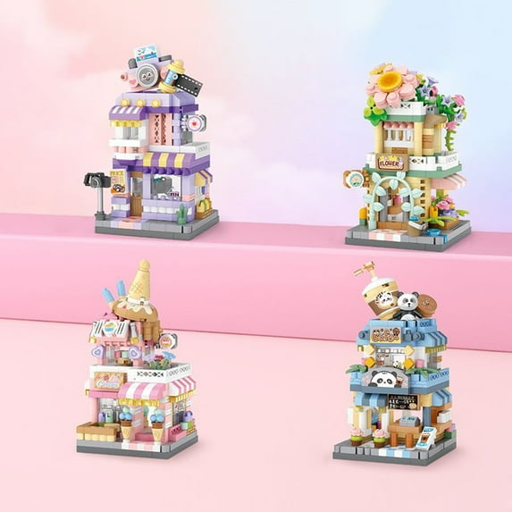 Haibin 4 Sets Street View Gourmet Food Shop Mini Building Blocks, MOC Creative DIY Mini Bricks House Set, Awesome Building Toys Gift for Kids and Adults for Kids 6+
