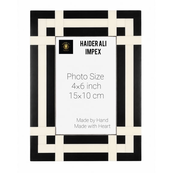 Haidar Ali Impex 4x6 Bone Inlay Picture Frame, Black and White Geometric Photo Frame for Tabletop & Wall, Handcrafted Modern Boho Home Decor