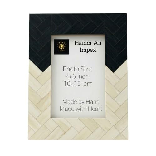 Haidar Ali Impex Black & Ivory Bone Inlay Picture Frame - Handcrafted Herringbone Chevron Photo Frame for Tabletop & Wall Display - Modern Boho Decor (4x6 Inch)
