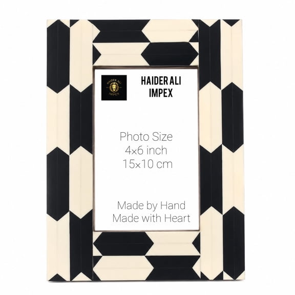 Haidar Ali Impex Bone Inlay Picture Frame 4x6 - Handmade Black and White Geometric Photo Frame, Decorative Monochrome Frame for Tabletop & Wall Decor