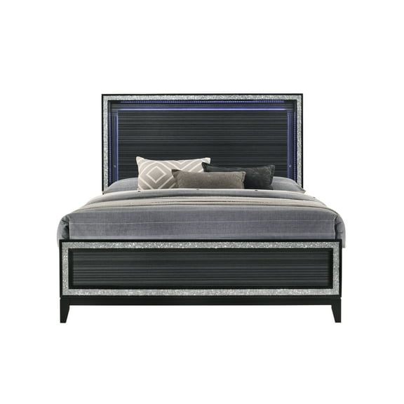 Haiden Queen Bed Frame with LED Headboard - Weathered Black, Synthetic Wood, 10" Floor Clearance, 660lbs Capacity, Modern Low-Profile Design for Bedroom Decor, Malaysia Origin