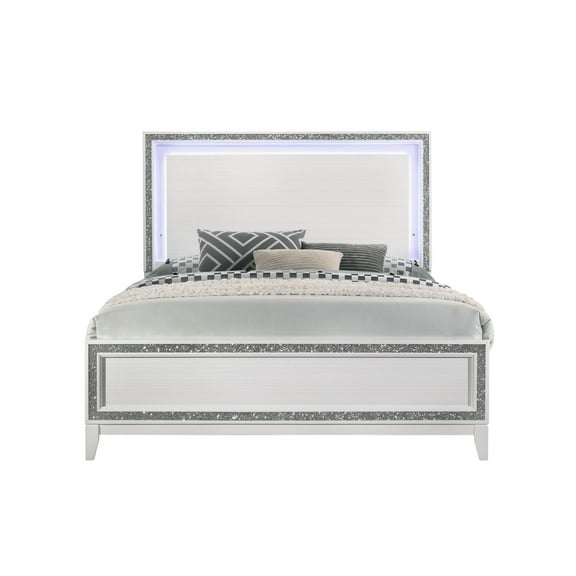Haiden White Queen Bed Frame with LED Headboard - Modern Low Profile Footboard, Synthetic Wood, 63" W x 84" L - Ideal for Bedroom, Master Suite, Apartment Living