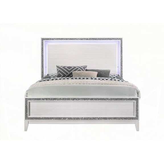 Haiden's White Finish Queen Bed Boasting LED and Silver Trim Headboard