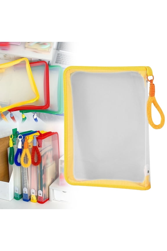 1Pc Clear Zipper File Bags, Reusable Document Folder with Handle, Mesh Storage Pouch for Stationery Cosmetics Toiletries, Portable Makeup Bag, Office Classroom Supplies, 12.8" x 9", Yellow