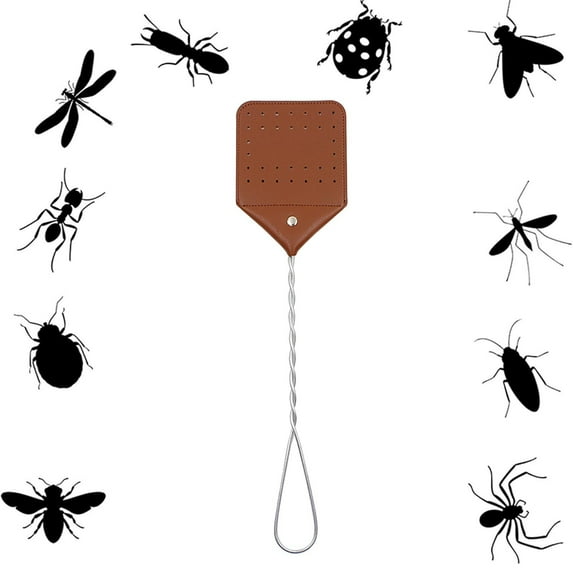 Haidf 1Pc Leather Fly Swatter, Heavy Duty Bug Swatter with Durable Metal Handle, Sturdy Flyswatter for Indoor Outdoor Use, Fly Swat for Flies, Bees, and Mosquitoes, 17.2 Inch, Brown