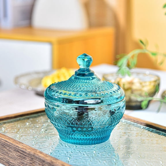 Haidf Glass Candy Dish with Lid, Vintage Embossed Candy Jars, Crystal Candy Bowl for Wedding Party Candy Cookie Chocolate Dessert Buffet, Decorative Jars for Home Office Desk Decor, Blue