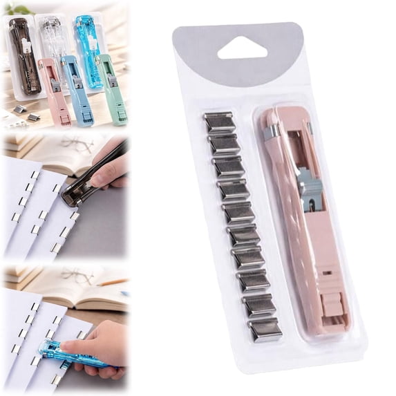 Haidf Portable Binder Clip Stapler, Reusable Paper Clam Clip Dispenser with 10 Metal Clam Clips, Handheld Push Clip Paper Clam Dispenser for Home, Office and Classroom, 40 Sheets Capacity, Pink