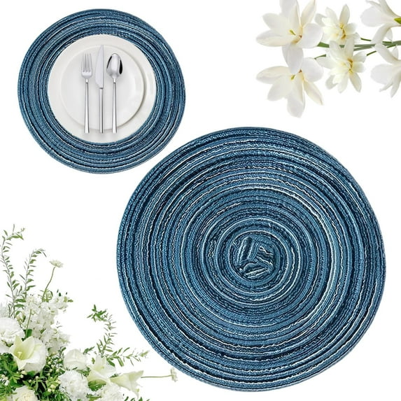 Haidf Round Braided Placemats, Washable Non-Slip Cotton Woven Table Mats for Kitchen Dining Table Decor, Natural Fabric Indoor Outdoor Place Mats, Heat Resistant, 15 Inch, Blue