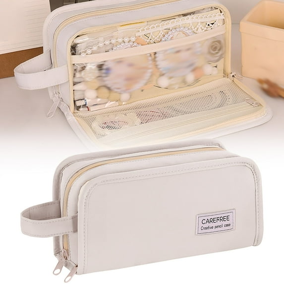 Haidf Stylish Large Capacity Pencil Case, Aesthetic Zipper Pencil Pouch with Compartments and Handle, Soft Pencil Bag for Stationery Cosmetics Storage, Portable Makeup Bag, Classroom Supplies, White