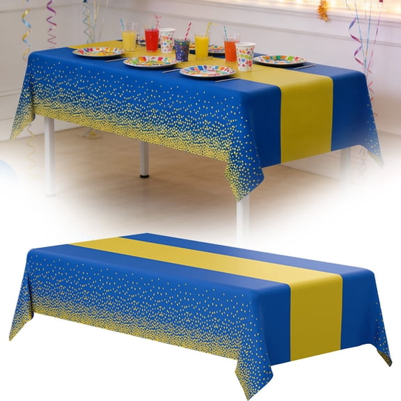 Haidf Table Cloth, Blue and Gold Disposable Plastic Tablecloth, Rectangle Table Covers for Birthday Wedding Anniversary Bridal Shower First Communion Graduation Party Decorations, 108" x 54"