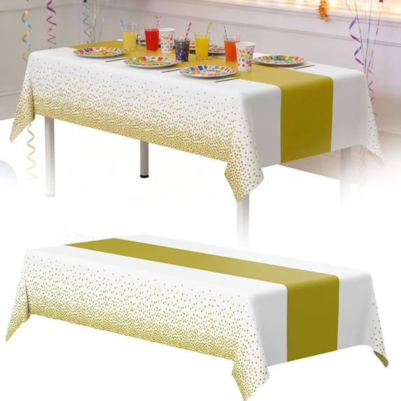 Haidf Table Cloth, White and Gold Disposable Plastic Tablecloth, Rectangle Table Covers for Birthday Wedding Anniversary Bridal Shower First Communion Graduation Party Decorations, 108" x 54"