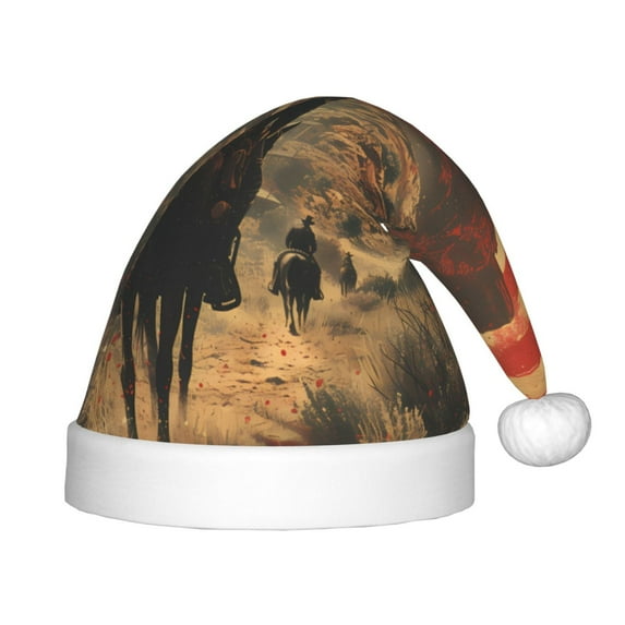 Haiem 1860s Style American Cowboy Pattern Santa Hat Confortable Velvet Christmas Hat for Christmas Party Favors Fit for Adults and Kids