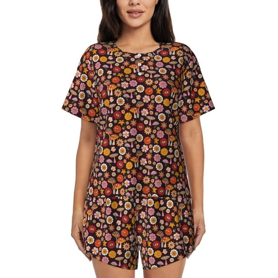Haiem 70s Groovy Hippie Retro Pattern Pajama Set for Women 2 Piece Lounge Set Short Sleeve Tops and Shorts Soft Sleepwear-3X-Large