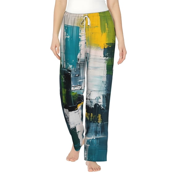 Haiem Abstract Brushstrokes Green Blue Women's Pajama Pants Ultra Lightweight Pjs Bottoms Sleepwear Bottom Pants With Pocket Drawstring-X-Large