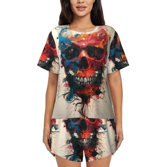 Haiem Abstract Colorful Skull Art Pattern Pajama Set for Women 2 Piece Lounge Set Short Sleeve Tops and Shorts Soft Sleepwear-Small