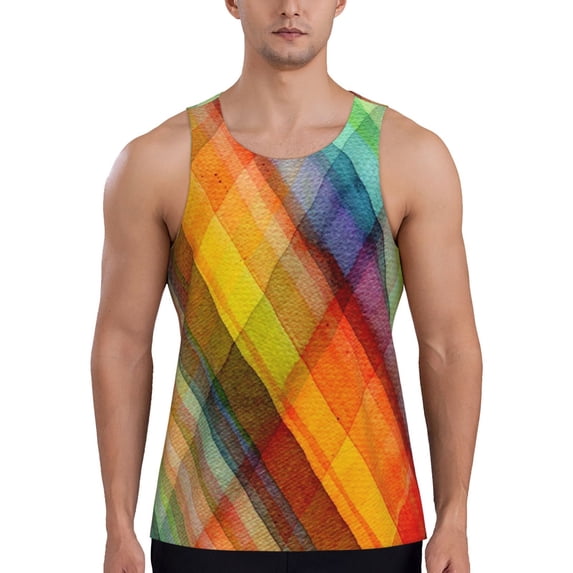 Haiem Abstract Watercolors Tartan Men Workout Tank Top Gym Bodybuilding Sleeveless Muscle T Shirts Athletic Tank Breathable Workout Shirt-Medium