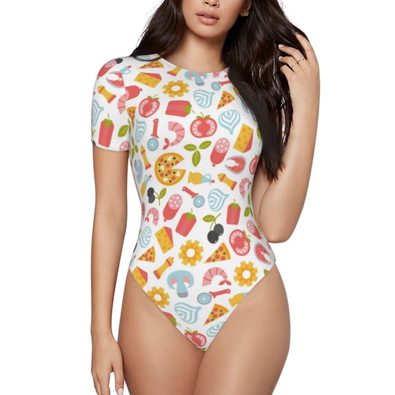 Haiem Afternoon Tea Women's Crew Neck Short Sleeve Bodysuit Tops Stretchy Slim Basic-Small