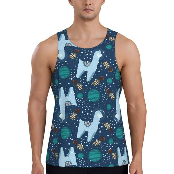 Haiem Alpaca Astronaut in Space Men Workout Tank Top Gym Bodybuilding Sleeveless Muscle T Shirts Athletic Tank Breathable Workout Shirt-Small
