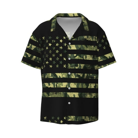 Haiem American Flag Camo Men's Casual Shirts Short Sleeve Button Down Shirts Fashion Textured Summer Beach Shirt-Small