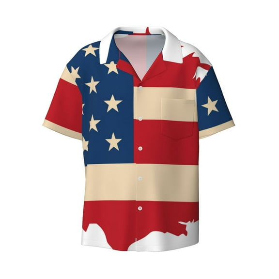 Haiem American Flag Map Men's Casual Shirts Short Sleeve Button Down Shirts Fashion Textured Summer Beach Shirt-3X-Large